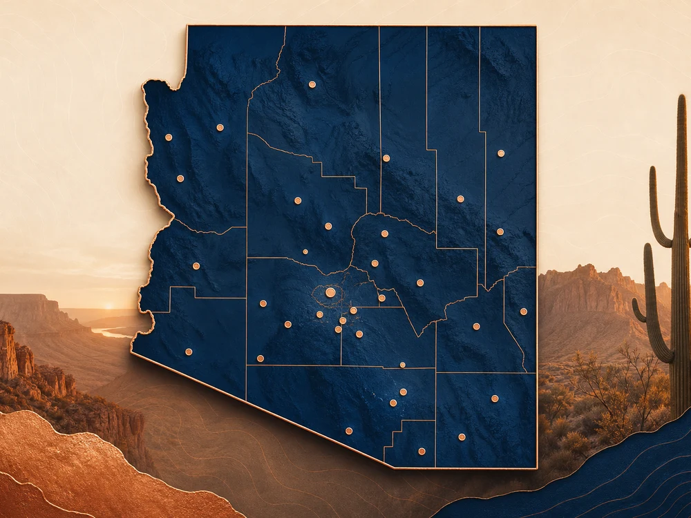 Map of Arizona State showing major cities